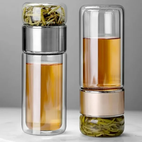 S93345178762748c38a2c4046bca8b47b9.webp Botella de Vidrio con Infusor de Té 420ml Doble Capa - Werlivo Republica Dominicana
